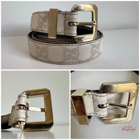Authentic Gucci Cream Monogram Leather Gold Buckle Belt 85/34 - Picture 2 of 13